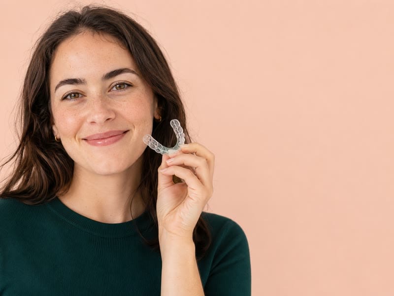 A woman holding a clear whitening tray beside her cheek