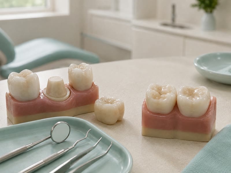 Model teeth showing a crown and filled molars beside dental instruments