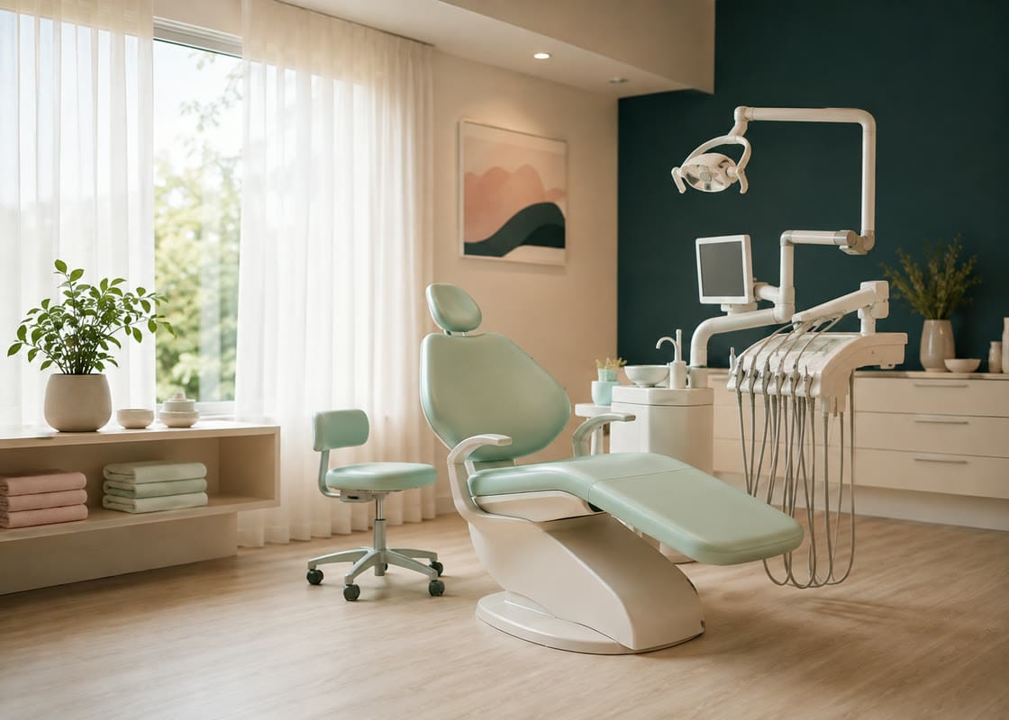The treatment room at Smile Atelier, with a mint dental chair beside a curtained window