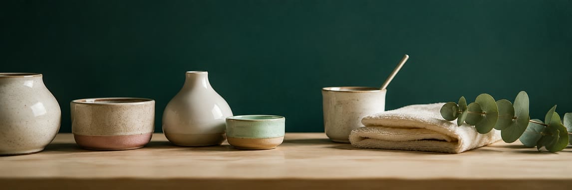 Ceramic vessels, a folded towel and eucalyptus on the counter