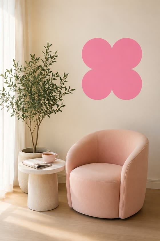The waiting area: a blush armchair, a plant and a cup of tea